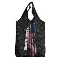 American Flag Bowling Ball and Pins Graphic Grocery Bag with Black Patterned Background and Custom Team Name Design - Wonder Print Shop