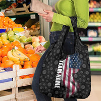American Flag Bowling Ball and Pins Graphic Grocery Bag with Black Patterned Background and Custom Team Name Design - Wonder Print Shop