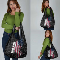 American Flag Bowling Ball and Pins Graphic Grocery Bag with Black Patterned Background and Custom Team Name Design - Wonder Print Shop