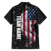 American Flag Bowling Ball and Pins Graphic Hawaiian Shirt with Black Patterned Background and Custom Team Name Design - Wonder Print Shop