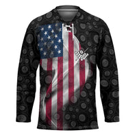 American Flag Bowling Ball and Pins Graphic Hockey Jersey with Black Patterned Background and Custom Team Name Design - Wonder Print Shop