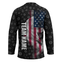American Flag Bowling Ball and Pins Graphic Hockey Jersey with Black Patterned Background and Custom Team Name Design - Wonder Print Shop