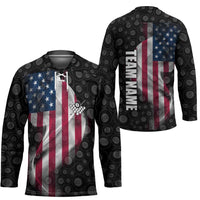 American Flag Bowling Ball and Pins Graphic Hockey Jersey with Black Patterned Background and Custom Team Name Design - Wonder Print Shop