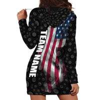 American Flag Bowling Ball and Pins Graphic Hoodie Dress with Black Patterned Background and Custom Team Name Design - Wonder Print Shop
