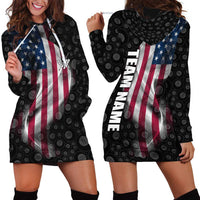 American Flag Bowling Ball and Pins Graphic Hoodie Dress with Black Patterned Background and Custom Team Name Design - Wonder Print Shop