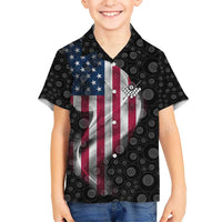 American Flag Bowling Ball and Pins Graphic Kid Hawaiian Shirt with Black Patterned Background and Custom Team Name Design - Wonder Print Shop