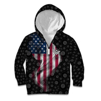American Flag Bowling Ball and Pins Graphic Kid Hoodie with Black Patterned Background and Custom Team Name Design - Wonder Print Shop