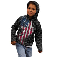 American Flag Bowling Ball and Pins Graphic Kid Hoodie with Black Patterned Background and Custom Team Name Design - Wonder Print Shop