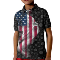 American Flag Bowling Ball and Pins Graphic Kid Polo Shirt with Black Patterned Background and Custom Team Name Design - Wonder Print Shop