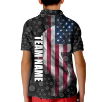 American Flag Bowling Ball and Pins Graphic Kid Polo Shirt with Black Patterned Background and Custom Team Name Design - Wonder Print Shop