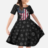 American Flag Bowling Ball and Pins Graphic Kid Short Sleeve Dress with Black Patterned Background and Custom Team Name Design - Wonder Print Shop