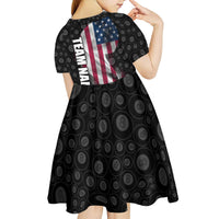 American Flag Bowling Ball and Pins Graphic Kid Short Sleeve Dress with Black Patterned Background and Custom Team Name Design - Wonder Print Shop