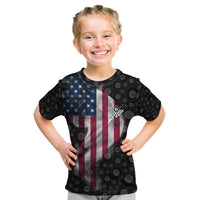 American Flag Bowling Ball and Pins Graphic Kid T Shirt with Black Patterned Background and Custom Team Name Design - Wonder Print Shop