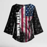 American Flag Bowling Ball and Pins Graphic Kimono Sleeve Blouse with Black Patterned Background and Custom Team Name Design - Wonder Print Shop