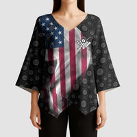 American Flag Bowling Ball and Pins Graphic Kimono Sleeve Blouse with Black Patterned Background and Custom Team Name Design - Wonder Print Shop