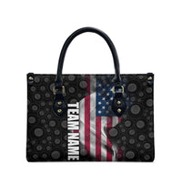American Flag Bowling Ball and Pins Graphic Leather Bag with Black Patterned Background and Custom Team Name Design - Wonder Print Shop