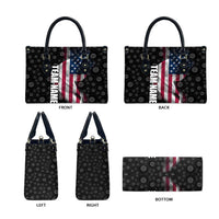 American Flag Bowling Ball and Pins Graphic Leather Bag with Black Patterned Background and Custom Team Name Design - Wonder Print Shop