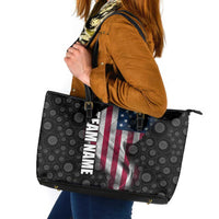 American Flag Bowling Ball and Pins Graphic Leather Tote Bag with Black Patterned Background and Custom Team Name Design - Wonder Print Shop