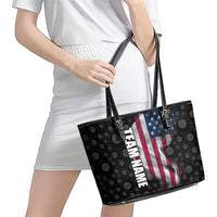 American Flag Bowling Ball and Pins Graphic Leather Tote Bag with Black Patterned Background and Custom Team Name Design - Wonder Print Shop