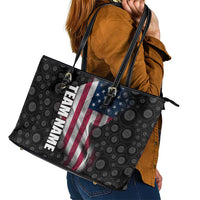 American Flag Bowling Ball and Pins Graphic Leather Tote Bag with Black Patterned Background and Custom Team Name Design - Wonder Print Shop