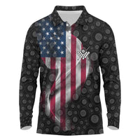American Flag Bowling Ball and Pins Graphic Long Sleeve Polo Shirt with Black Patterned Background and Custom Team Name Design - Wonder Print Shop
