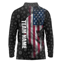 American Flag Bowling Ball and Pins Graphic Long Sleeve Polo Shirt with Black Patterned Background and Custom Team Name Design - Wonder Print Shop