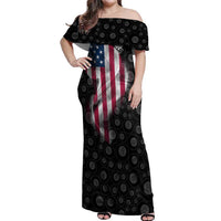 American Flag Bowling Ball and Pins Graphic Off Shoulder Maxi Dress with Black Patterned Background and Custom Team Name Design - Wonder Print Shop