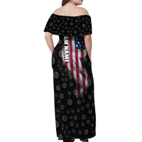 American Flag Bowling Ball and Pins Graphic Off Shoulder Maxi Dress with Black Patterned Background and Custom Team Name Design - Wonder Print Shop