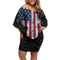 American Flag Bowling Ball and Pins Graphic Off Shoulder Short Dress with Black Patterned Background and Custom Team Name Design - Wonder Print Shop