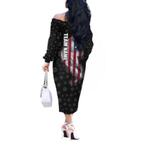 American Flag Bowling Ball and Pins Graphic Off The Shoulder Long Sleeve Dress with Black Patterned Background and Custom Team Name Design - Wonder Print Shop