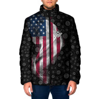 American Flag Bowling Ball and Pins Graphic Padded Jacket with Black Patterned Background and Custom Team Name Design - Wonder Print Shop