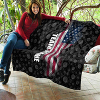 American Flag Bowling Ball and Pins Graphic Quilt with Black Patterned Background and Custom Team Name Design - Wonder Print Shop