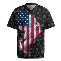 American Flag Bowling Ball and Pins Graphic Rugby Jersey with Black Patterned Background and Custom Team Name Design - Wonder Print Shop
