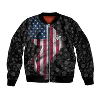 American Flag Bowling Ball and Pins Graphic Sleeve Zip Bomber Jacket with Black Patterned Background and Custom Team Name Design - Wonder Print Shop