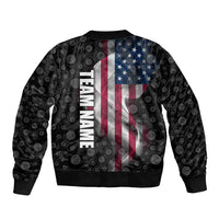 American Flag Bowling Ball and Pins Graphic Sleeve Zip Bomber Jacket with Black Patterned Background and Custom Team Name Design - Wonder Print Shop