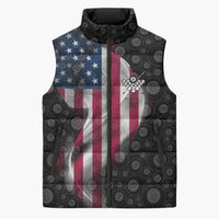 American Flag Bowling Ball and Pins Graphic Sleeveless Puffer Jacket with Black Patterned Background and Custom Team Name Design - Wonder Print Shop