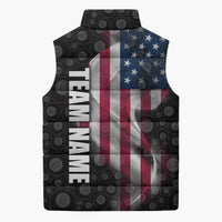 American Flag Bowling Ball and Pins Graphic Sleeveless Puffer Jacket with Black Patterned Background and Custom Team Name Design - Wonder Print Shop