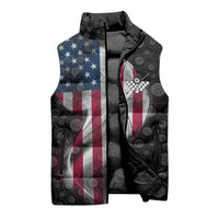 American Flag Bowling Ball and Pins Graphic Sleeveless Puffer Jacket with Black Patterned Background and Custom Team Name Design - Wonder Print Shop