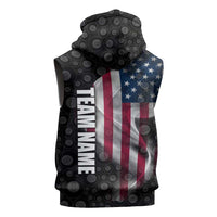 American Flag Bowling Ball and Pins Graphic Sleeveless Zip Hoodie with Black Patterned Background and Custom Team Name Design - Wonder Print Shop