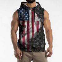 American Flag Bowling Ball and Pins Graphic Sleeveless Zip Hoodie with Black Patterned Background and Custom Team Name Design - Wonder Print Shop
