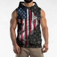 American Flag Bowling Ball and Pins Graphic Sleeveless Zip Hoodie with Black Patterned Background and Custom Team Name Design - Wonder Print Shop