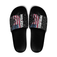 American Flag Bowling Ball and Pins Graphic Slide Sandals with Black Patterned Background and Custom Team Name Design - Wonder Print Shop