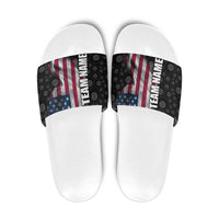 American Flag Bowling Ball and Pins Graphic Slide Sandals with Black Patterned Background and Custom Team Name Design - Wonder Print Shop