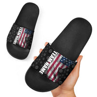 American Flag Bowling Ball and Pins Graphic Slide Sandals with Black Patterned Background and Custom Team Name Design - Wonder Print Shop