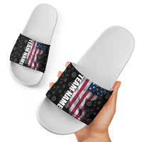American Flag Bowling Ball and Pins Graphic Slide Sandals with Black Patterned Background and Custom Team Name Design - Wonder Print Shop