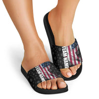 American Flag Bowling Ball and Pins Graphic Slide Sandals with Black Patterned Background and Custom Team Name Design - Wonder Print Shop