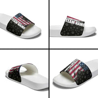 American Flag Bowling Ball and Pins Graphic Slide Sandals with Black Patterned Background and Custom Team Name Design - Wonder Print Shop