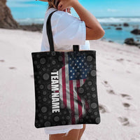 American Flag Bowling Ball and Pins Graphic Tote Bag with Black Patterned Background and Custom Team Name Design - Wonder Print Shop