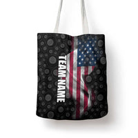 American Flag Bowling Ball and Pins Graphic Tote Bag with Black Patterned Background and Custom Team Name Design - Wonder Print Shop