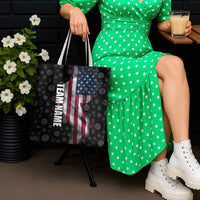 American Flag Bowling Ball and Pins Graphic Tote Bag with Black Patterned Background and Custom Team Name Design - Wonder Print Shop